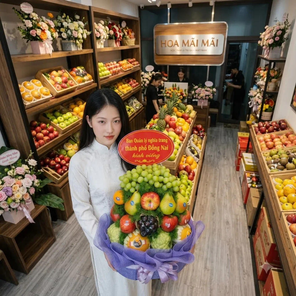 Cô gái áo dài ôm bó trái cây tang lễ bọc lưới tím tại Huyện Yên Bình, Yên Bái