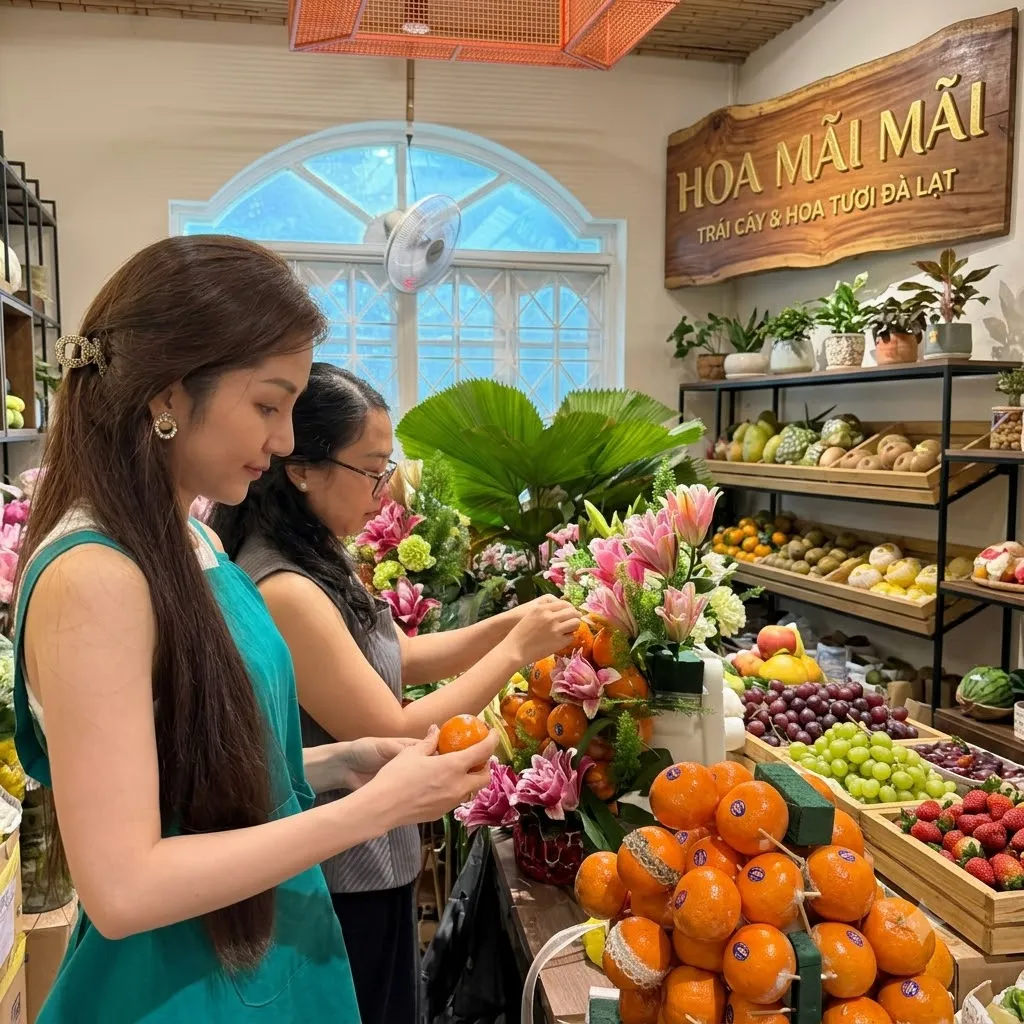 Nhân viên cắm hoa ly hồng cạnh khay quýt và nho tại Mang Yang, Gia Lai