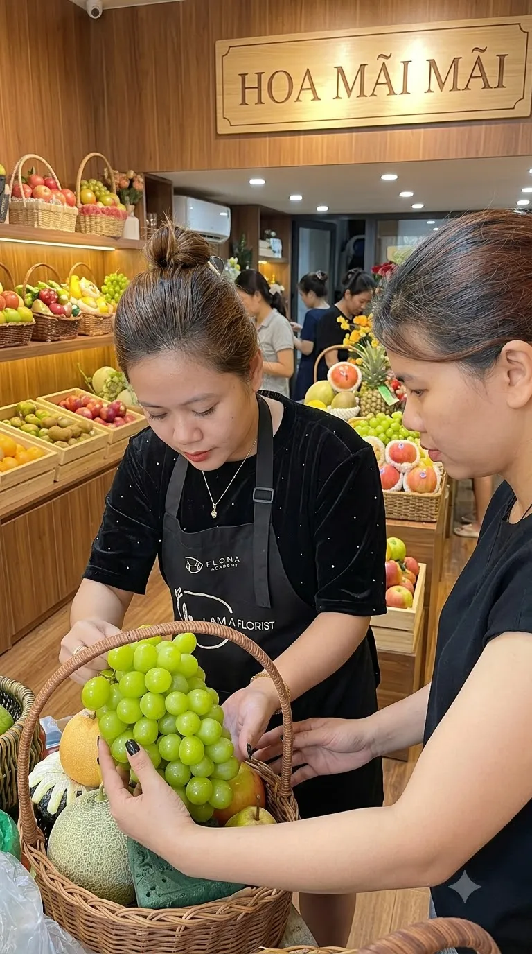 Hai nhân viên cắm giỏ trái cây nho xanh và dưa lưới tại Mang Yang, Gia Lai