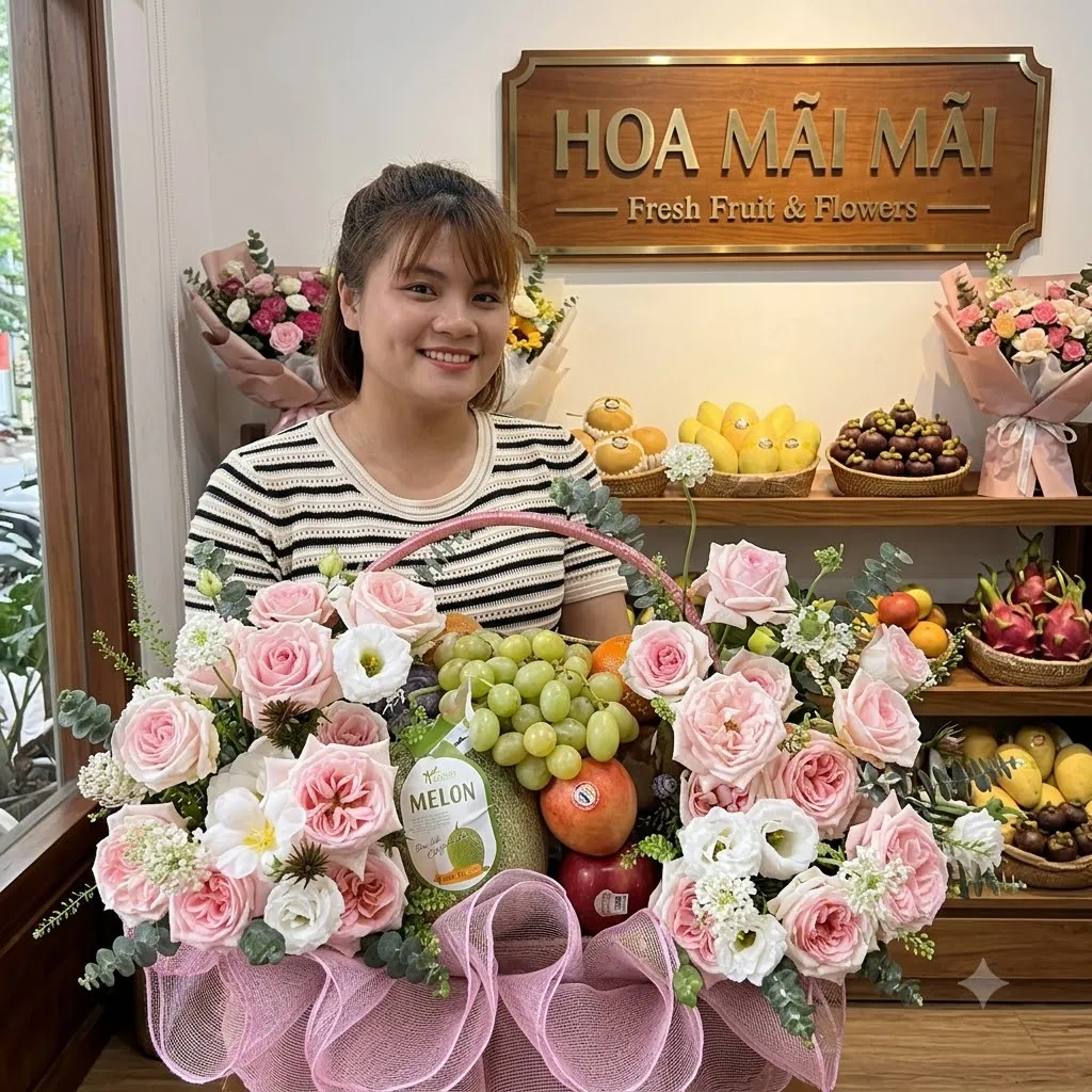 Cô gái áo sọc cười tươi ôm giỏ trái cây phối hoa hồng tại Huyện Yên Bình, Yên Bái