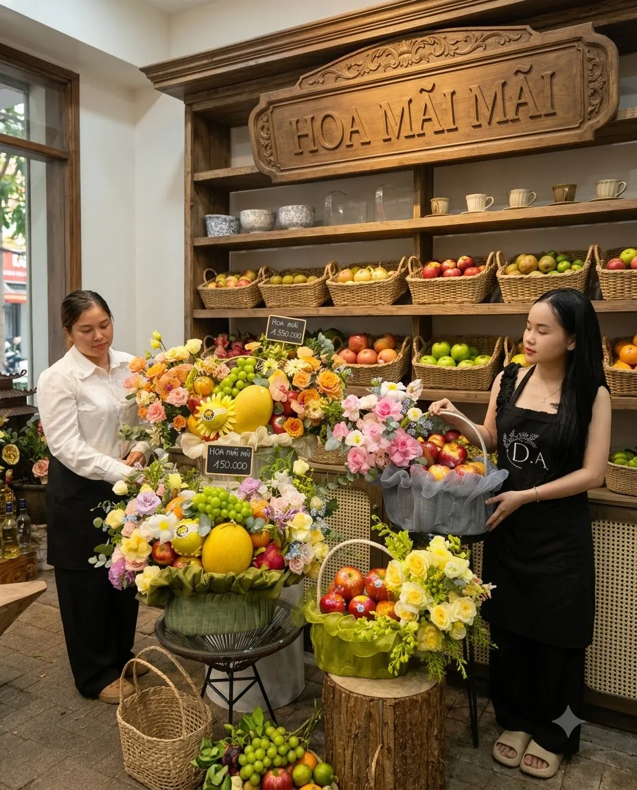 Hai nhân viên trang trí mâm trái cây phối hoa vàng lớn tại Huyện Yên Bình, Yên Bái