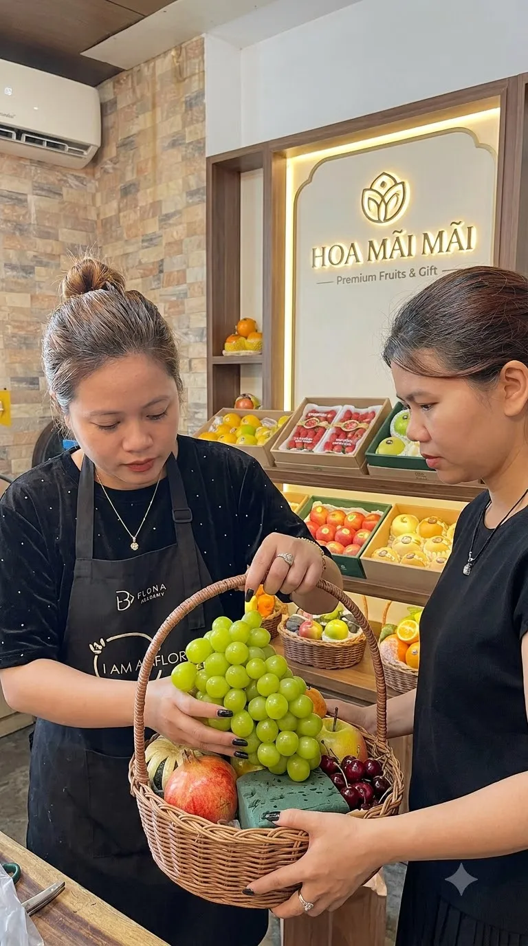 Hai nhân viên trao giỏ trái cây nho xanh và lựu tại Mang Yang, Gia Lai