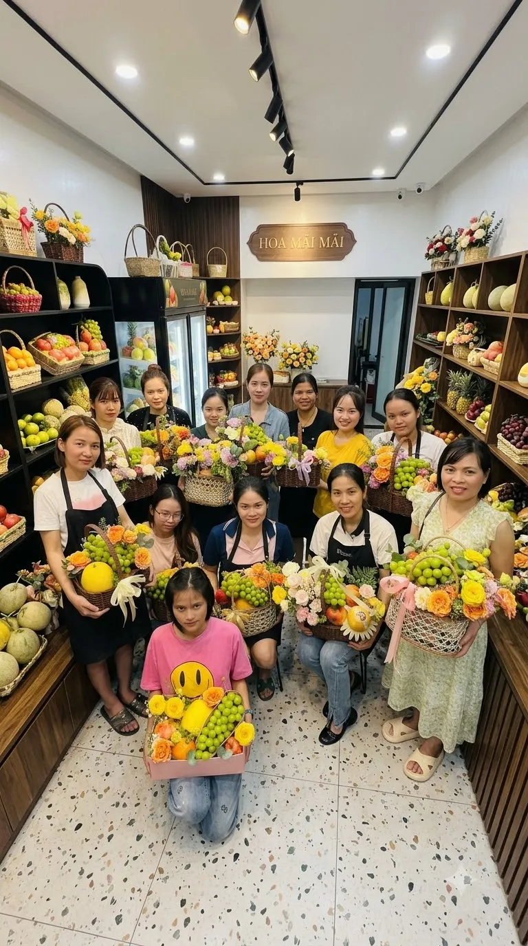Nhóm nhân viên chụp ảnh tập thể cùng giỏ trái cây tại Quận 10 HCM