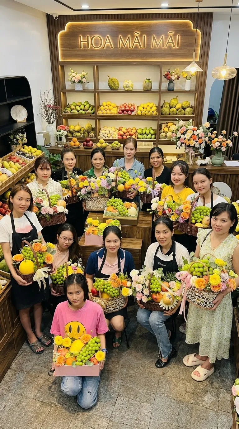 Đông đảo nhân viên chụp ảnh cùng các giỏ trái cây tại Quận 10 HCM