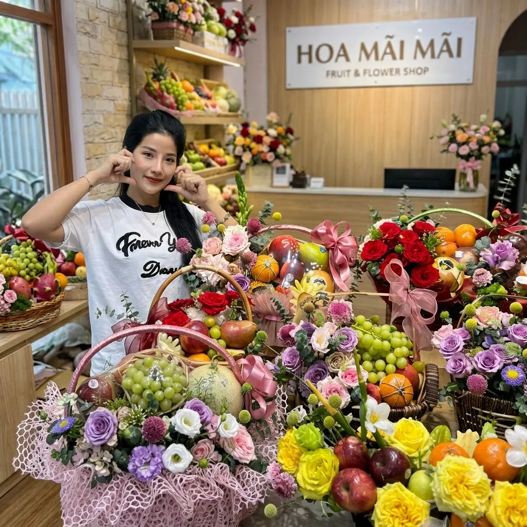 Nhân viên tạo dáng cạnh dãy giỏ trái cây trưng bày tại Huyện Bạch Long Vĩ, Hải Phòng