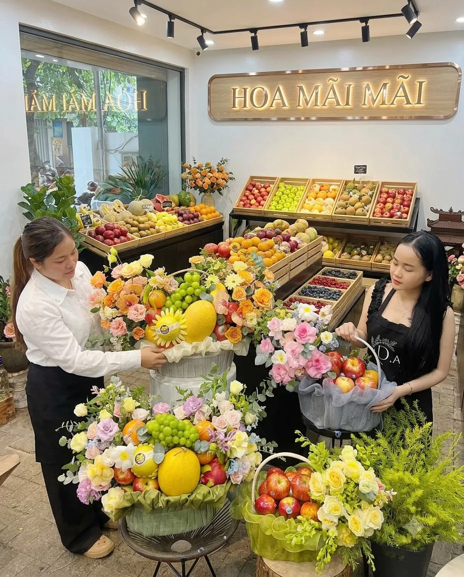Hai nhân viên trang trí giỏ trái cây phối dưa lưới và táo tại Huyện Bạch Long Vĩ, Hải Phòng