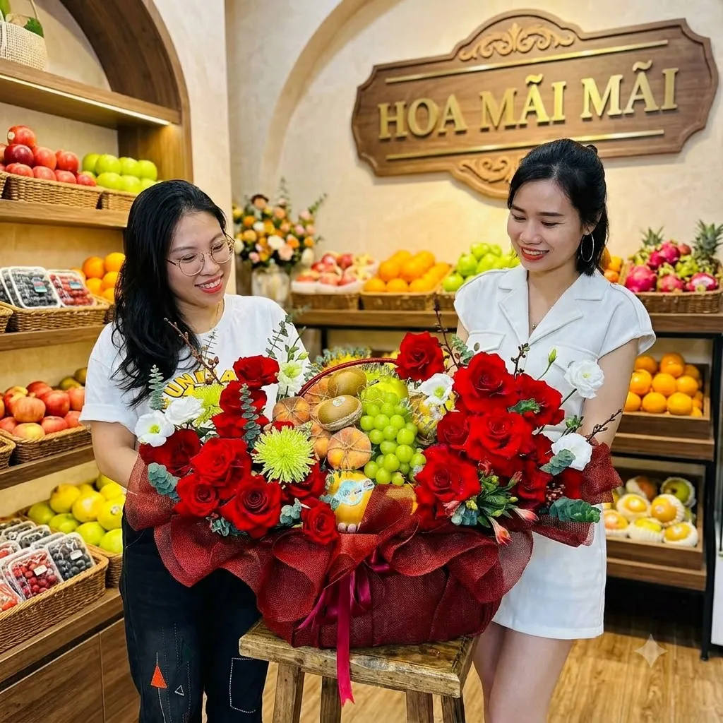 Hai cô gái ôm giỏ trái cây phối hoa hồng đỏ tại Quận 10 HCM