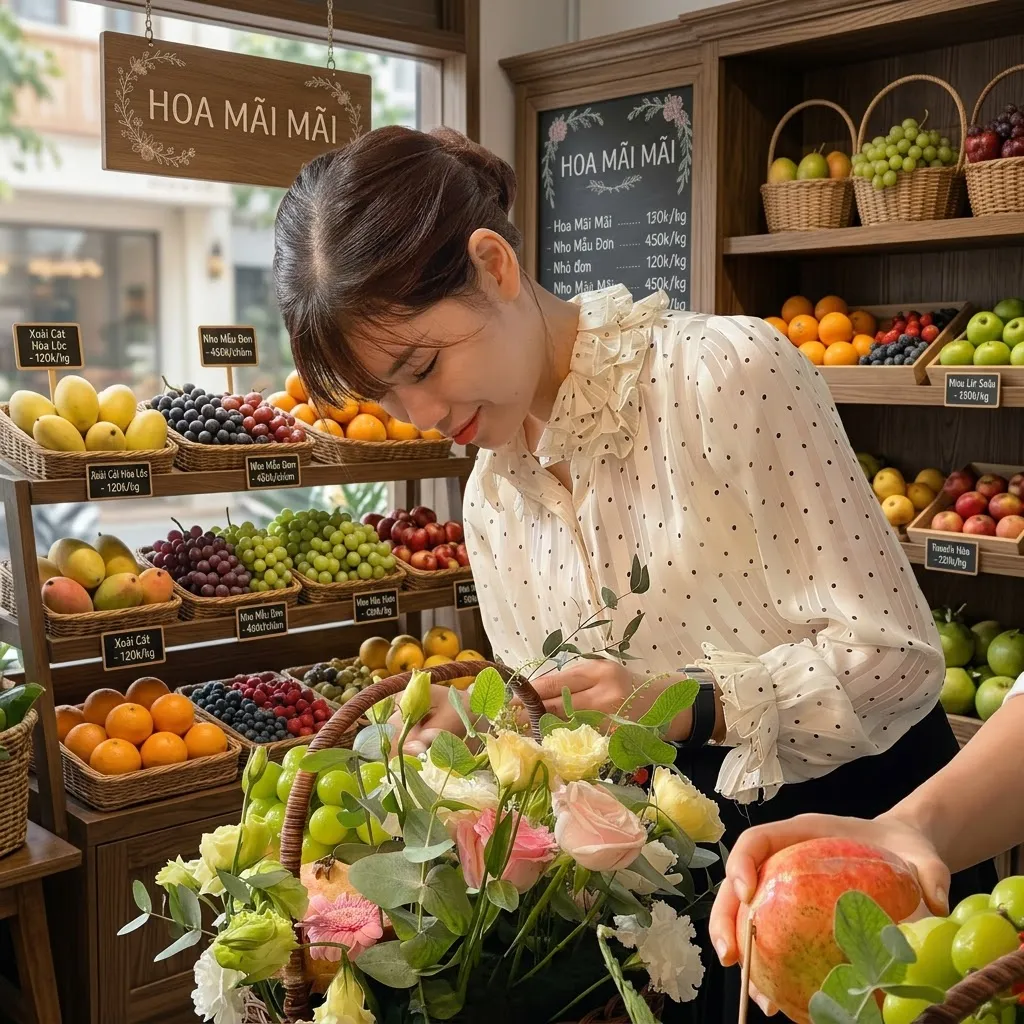 Nhân viên cắm giỏ hoa bên kệ trái cây có bảng giá tại Huyện Bạch Long Vĩ, Hải Phòng