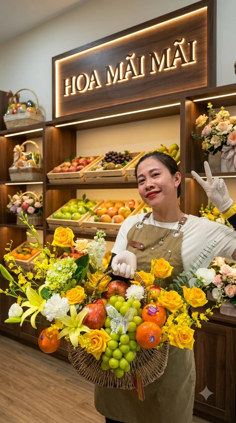 Nhân viên tạo dáng bên giỏ trái cây phối hoa vàng trắng tại Huyện Đất Đỏ