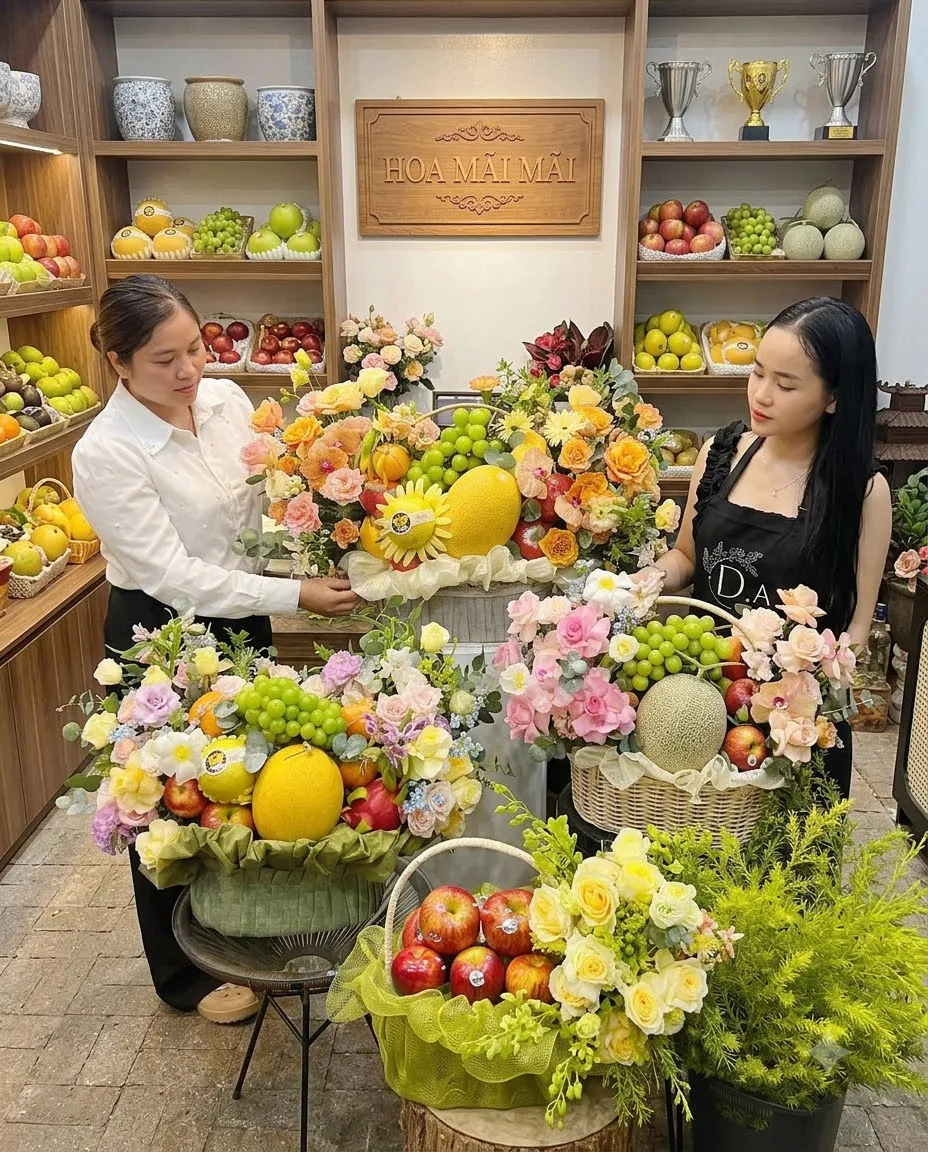Hai nhân viên chỉnh nhiều giỏ trái cây phối hoa trên bàn tại Huyện Đất Đỏ