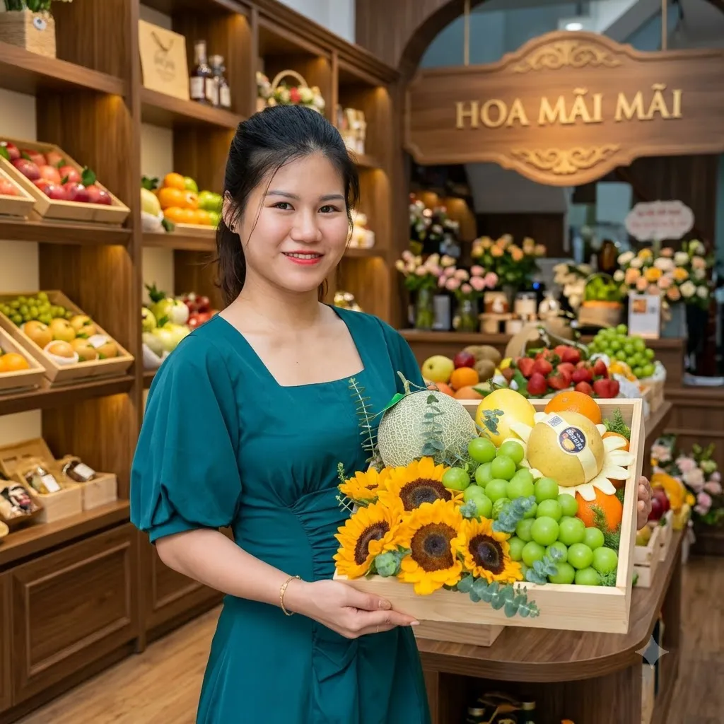 Nhân viên ôm khay trái cây phối hoa hướng dương tại Huyện Đất Đỏ