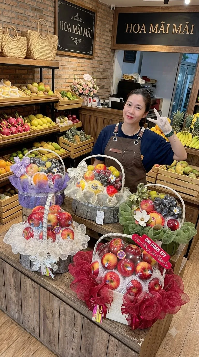 Nhân viên tạo dáng bên bốn giỏ táo trang trí lưới màu tại Huyện Đất Đỏ
