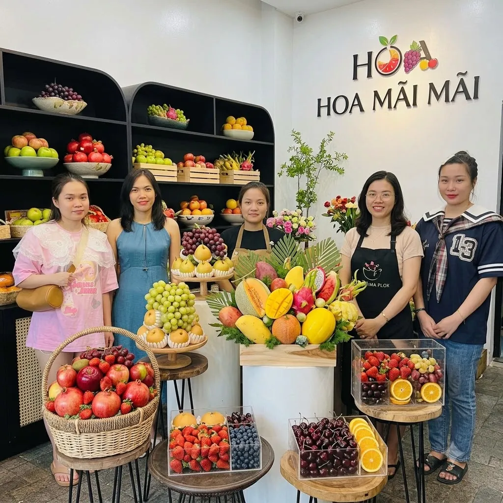 Nhóm nhân viên đứng cạnh nhiều khay trái cây tươi tại Huyện Đất Đỏ