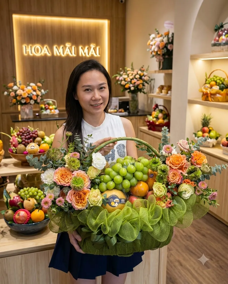 Cô gái ôm giỏ trái cây phối hoa cam trắng bọc lưới xanh tại Huyện Dầu Tiếng, Bình Dương