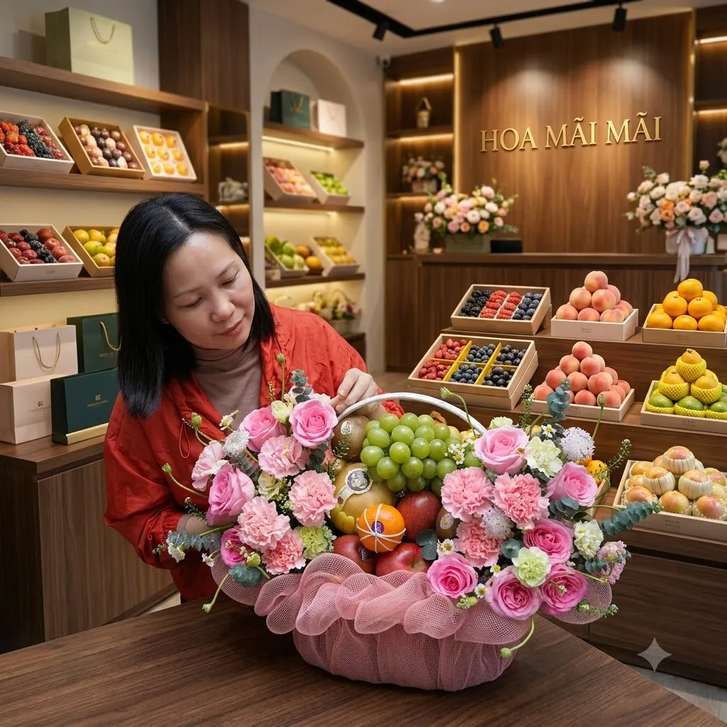 Nhân viên áo đỏ cắm giỏ trái cây phối hoa hồng tại Huyện Đất Đỏ