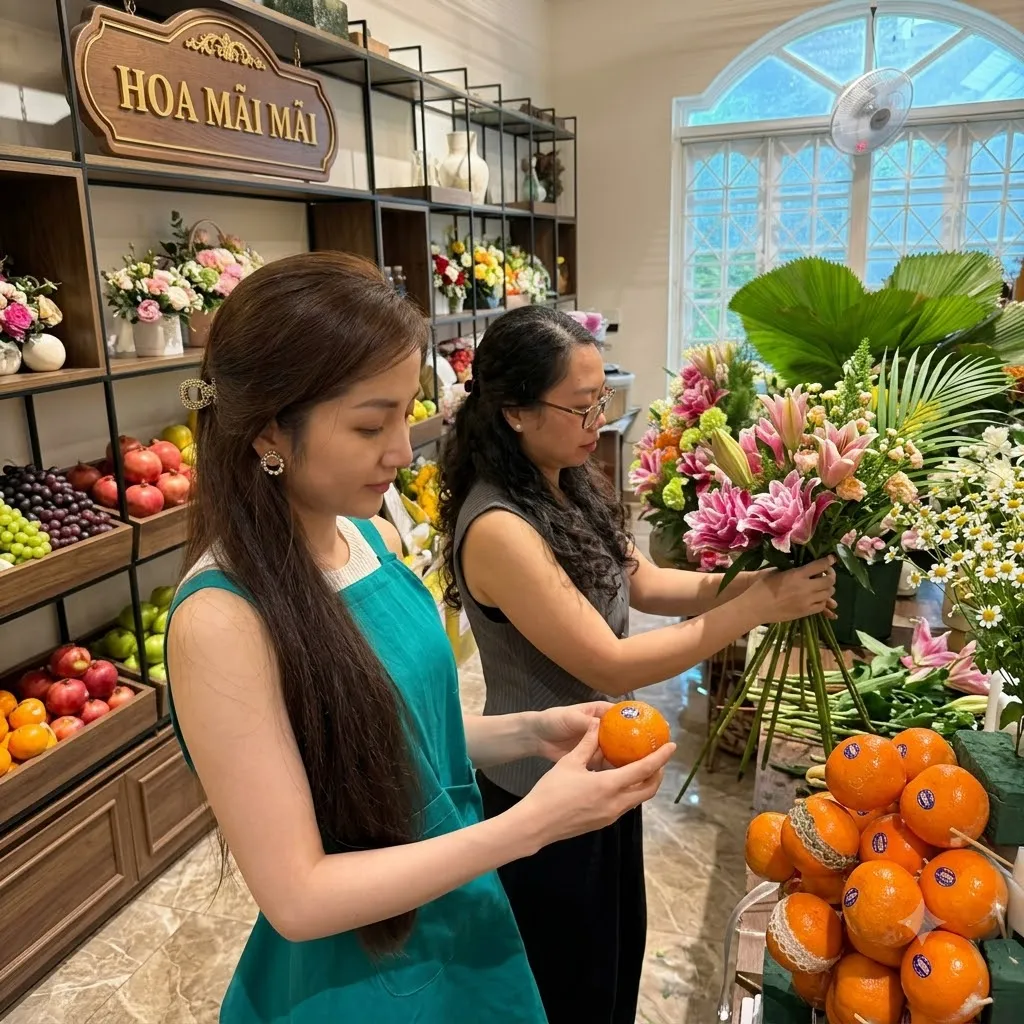 Nhân viên cắm hoa ly hồng bên khay quýt vàng tại Huyện Dầu Tiếng, Bình Dương