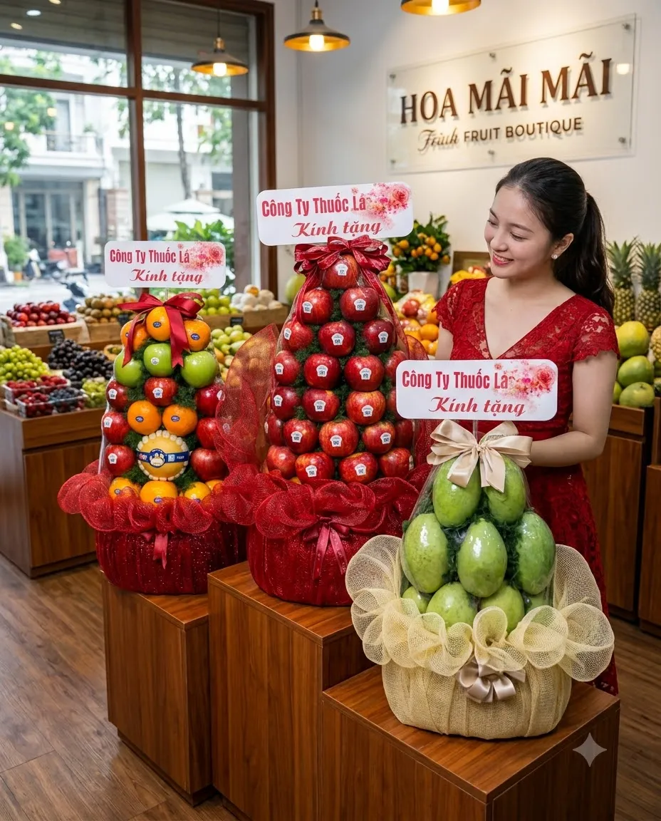 Ba tháp trái cây táo cam bơ tặng công ty gần cửa sổ tại Huyện Dầu Tiếng, Bình Dương