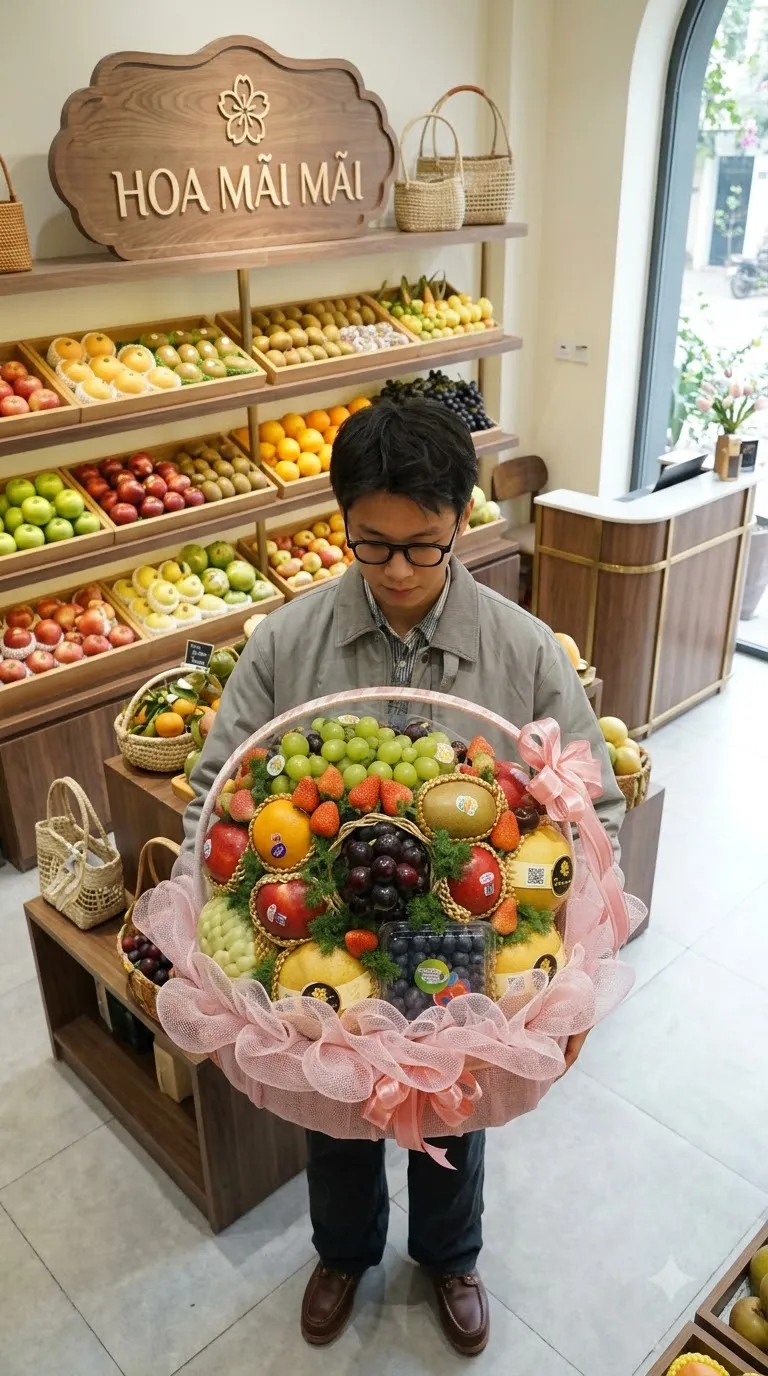 Khách nam bê giỏ trái cây phối lưới hồng lớn tại Trần Văn Thời, Cà Mau
