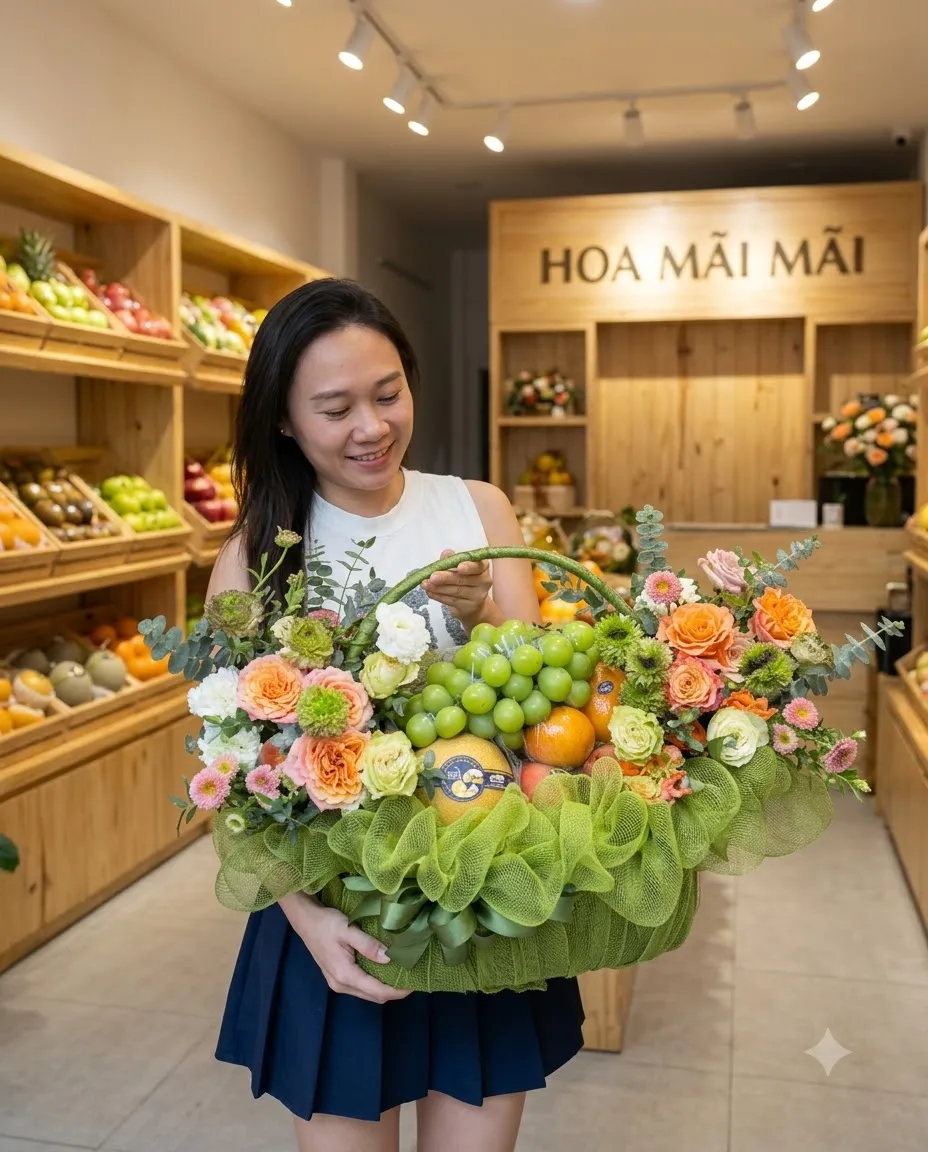 Cô gái bê giỏ trái cây phối hoa màu xanh lá tại Ba Vì Hà Nội