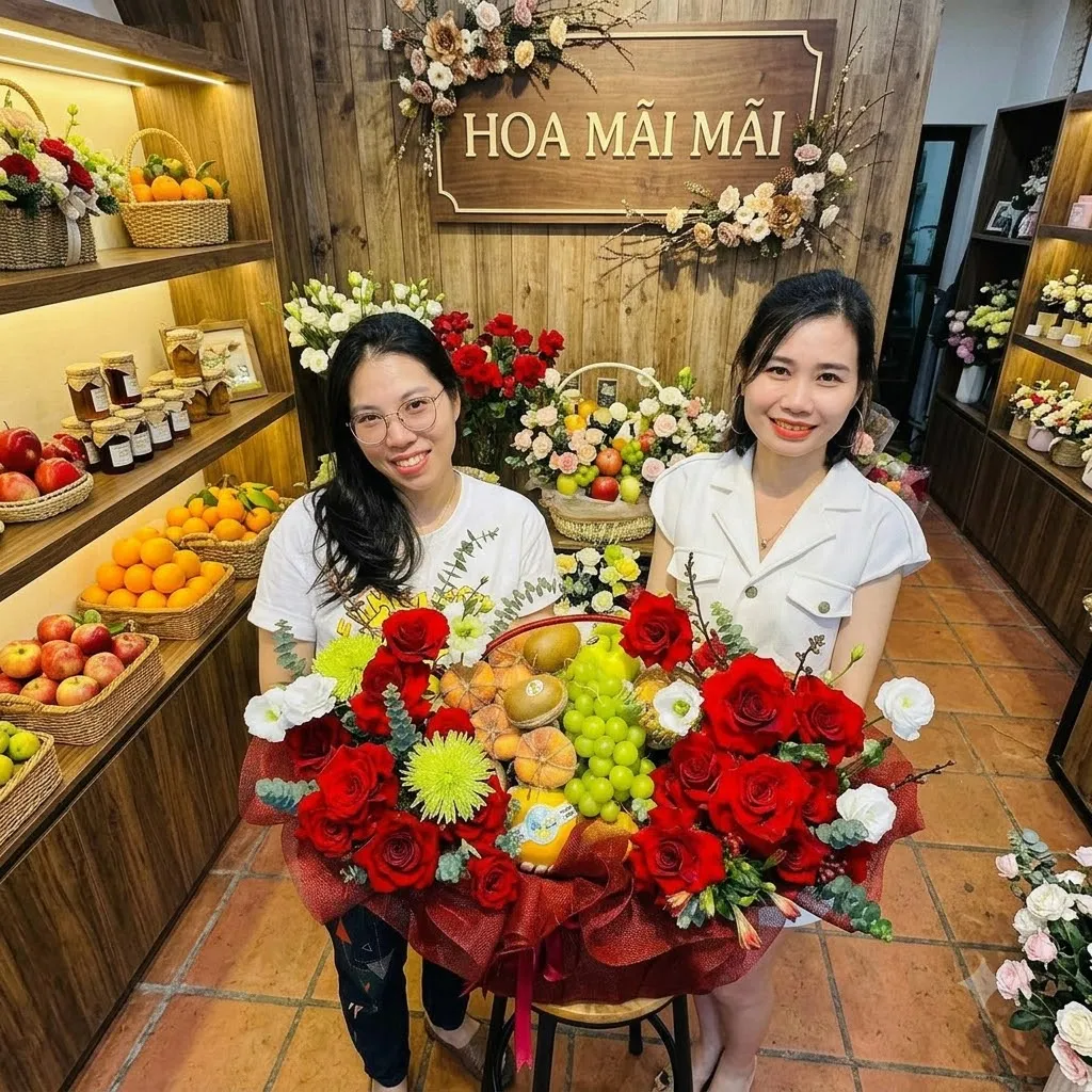 Hai nhân viên nữ cầm giỏ trái cây phối hoa hồng đỏ tại Huyện Dầu Tiếng, Bình Dương