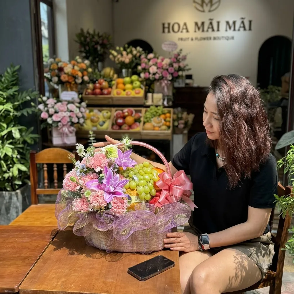 Khách hàng ngồi cạnh giỏ trái cây phối hoa tím tại Ba Vì Hà Nội