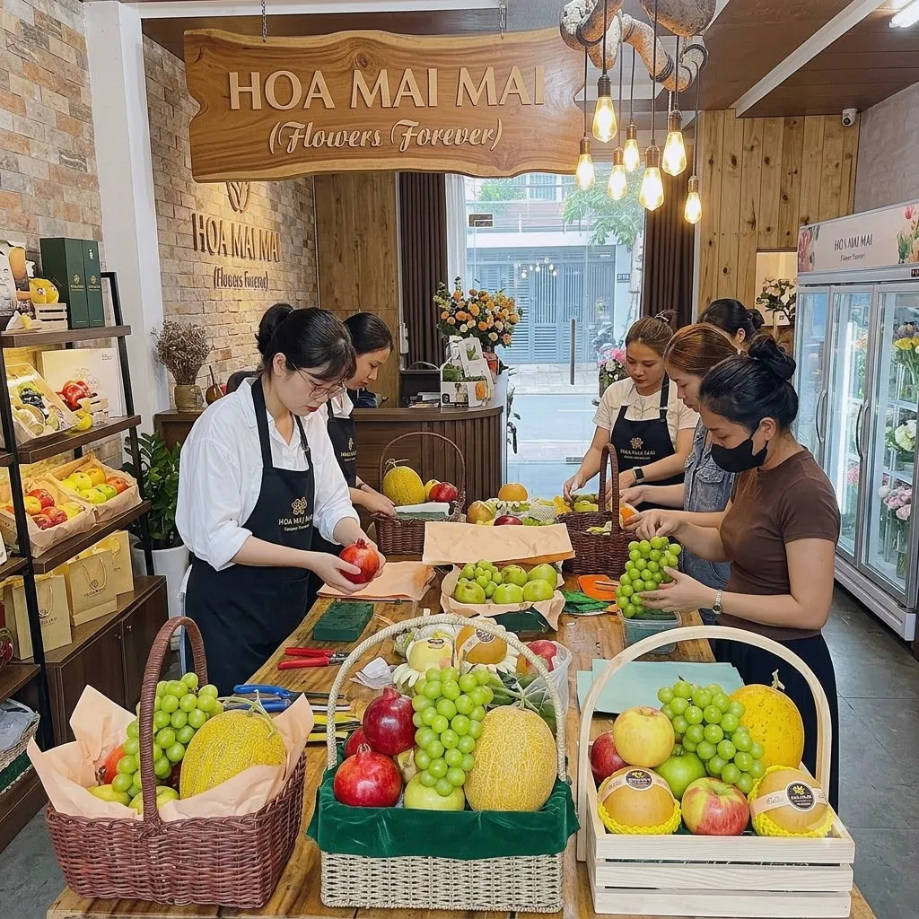 Nhóm nhân viên đang gói nhiều giỏ trái cây tại bàn gỗ tại Ba Vì Hà Nội