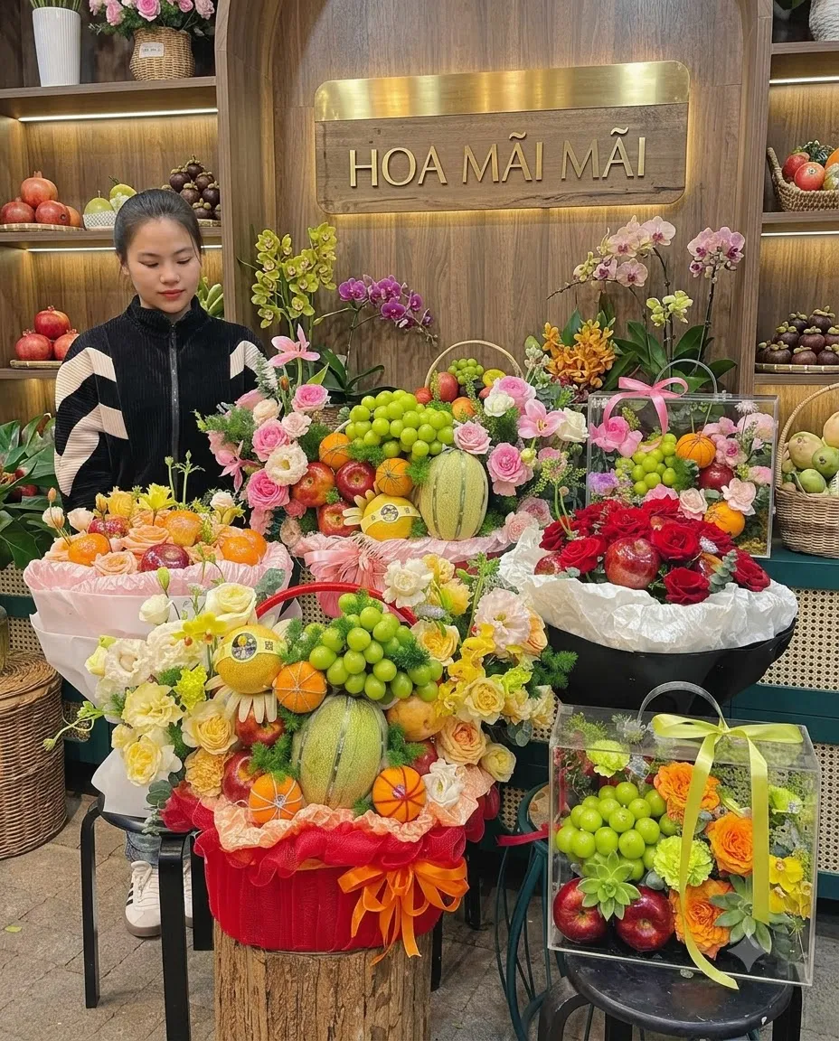 Nhân viên đứng cạnh nhiều giỏ trái cây phối hoa lan tại Ba Vì Hà Nội