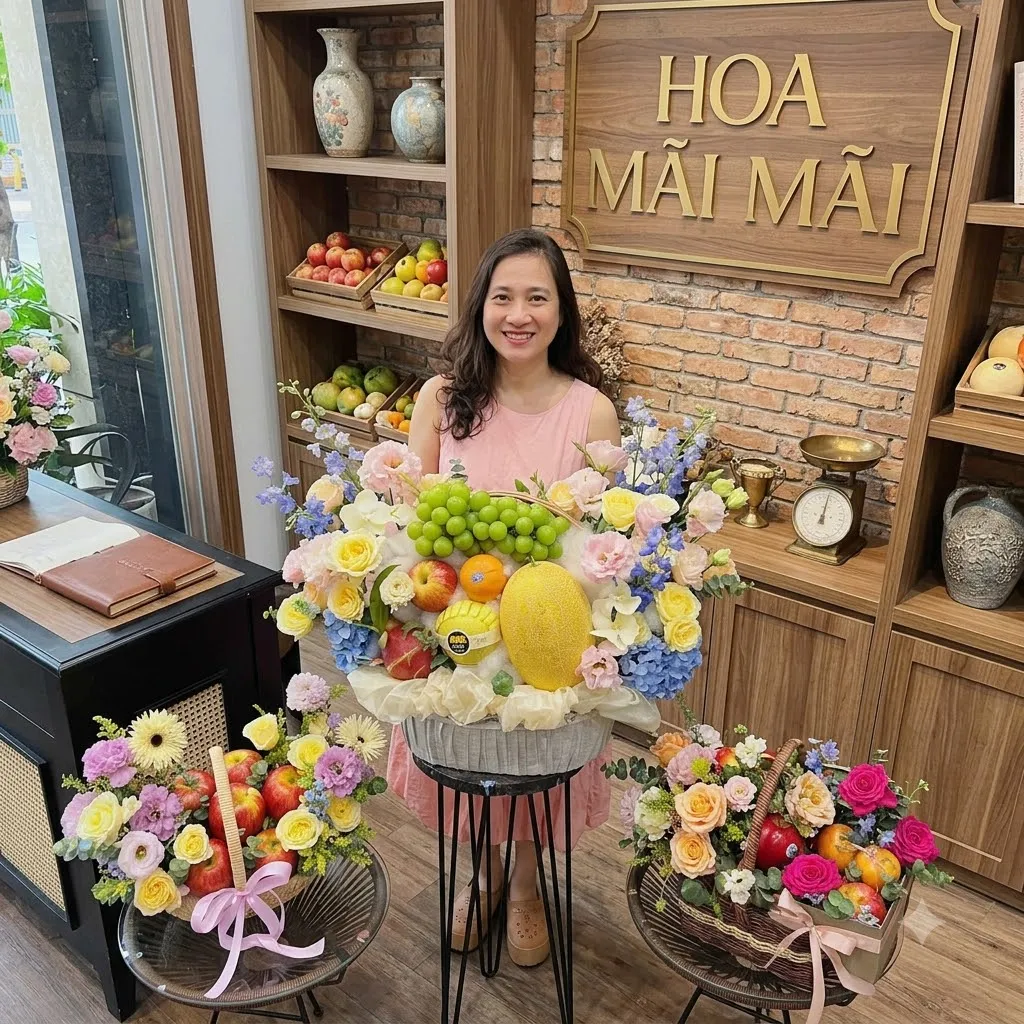 Nhân viên đứng cạnh giỏ trái cây lớn trên chân đế tại Ba Vì Hà Nội