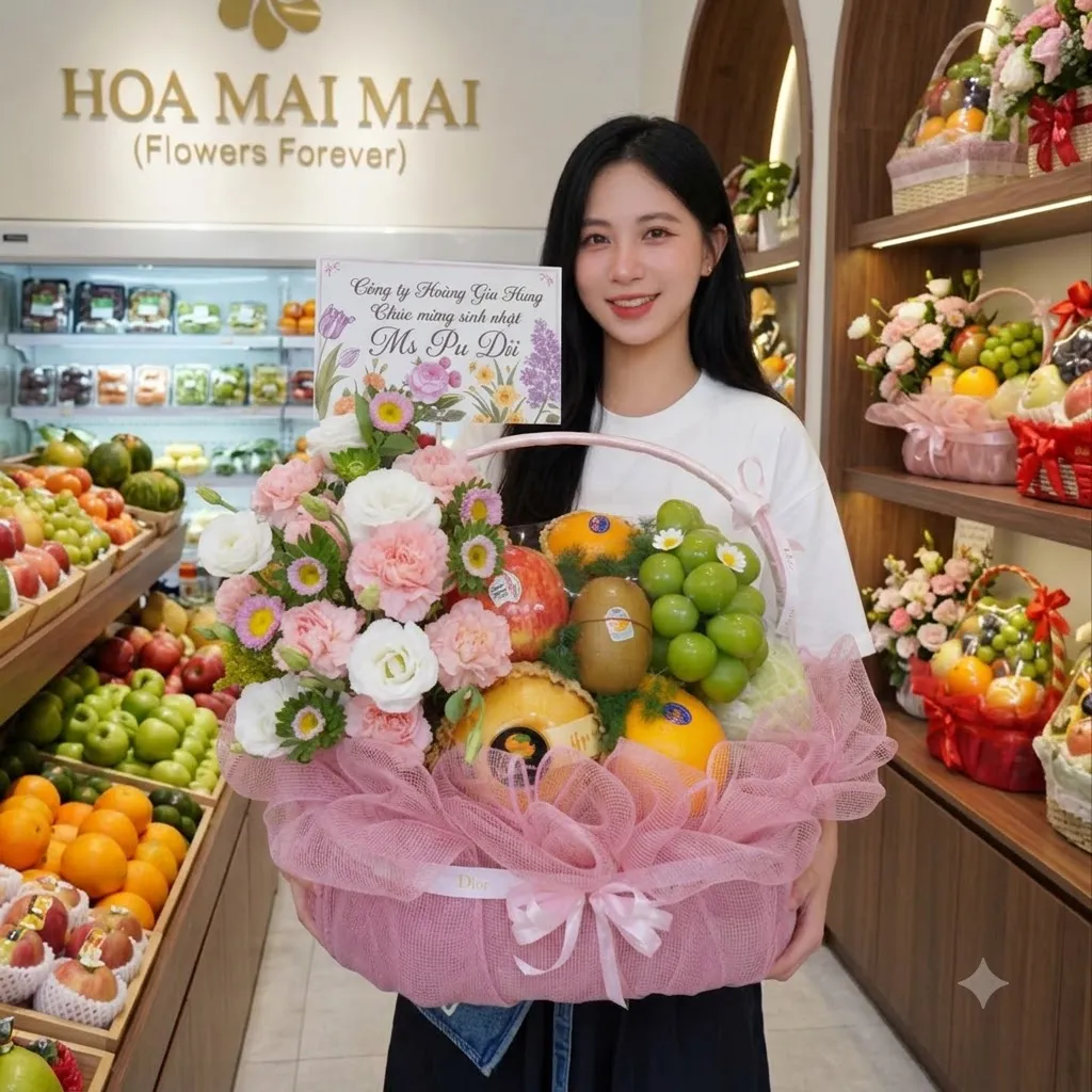 Khách nữ bê giỏ trái cây kèm thiệp chúc mừng sinh nhật tại Ba Vì Hà Nội