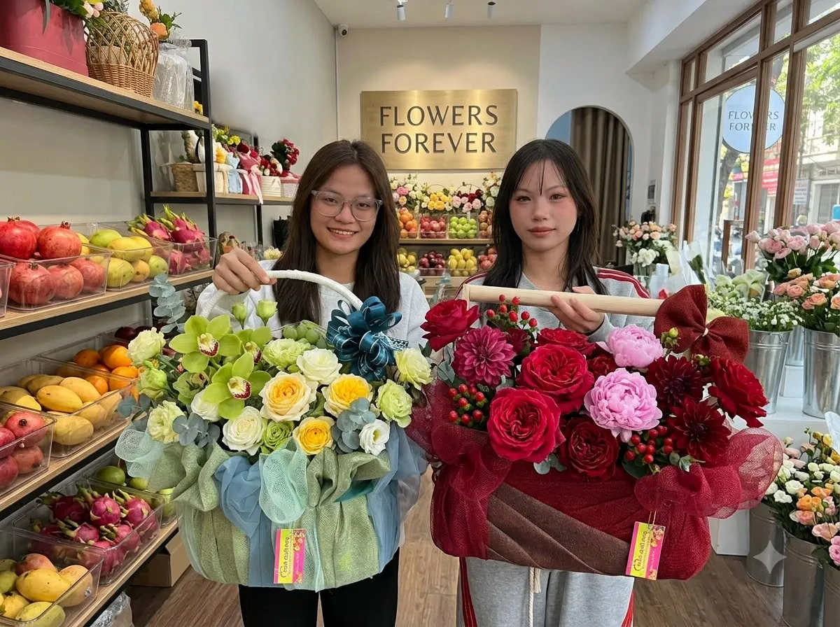 Hai nhân viên cầm hai giỏ hoa tươi không có trái cây tại Trần Văn Thời, Cà Mau