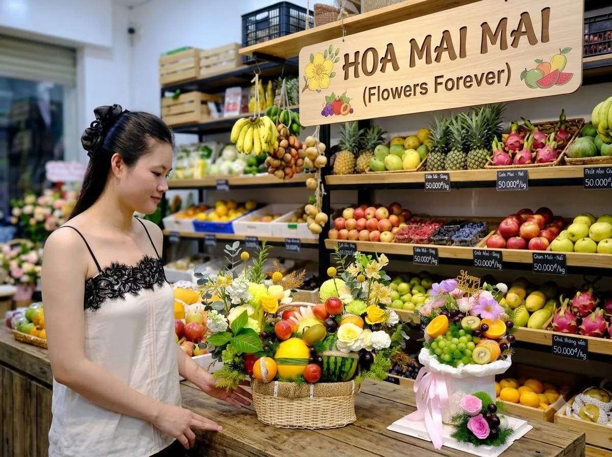 Nhân viên đứng cạnh bàn trưng bày hai giỏ trái cây tại Trực Ninh, Nam Định