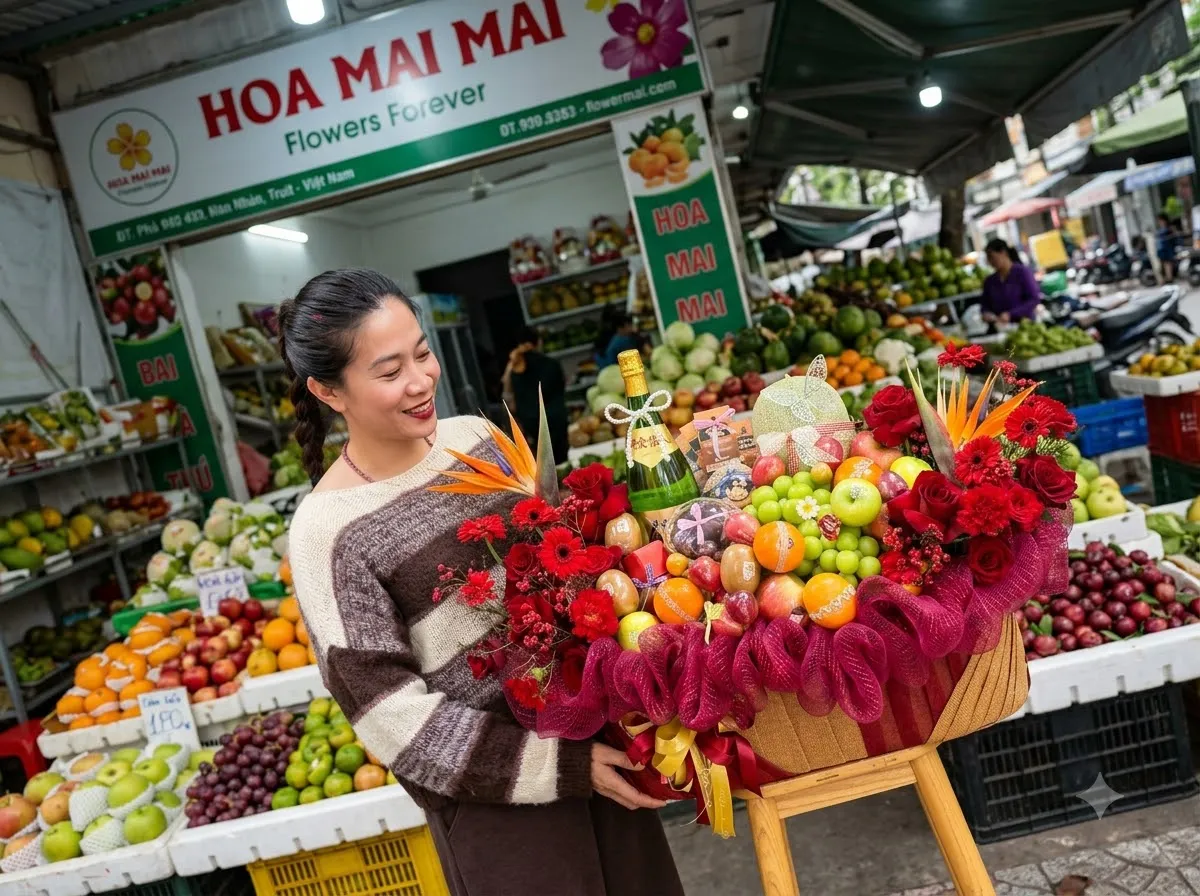 Nhân viên bê giỏ trái cây trước sạp chợ trái cây tại Trực Ninh, Nam Định