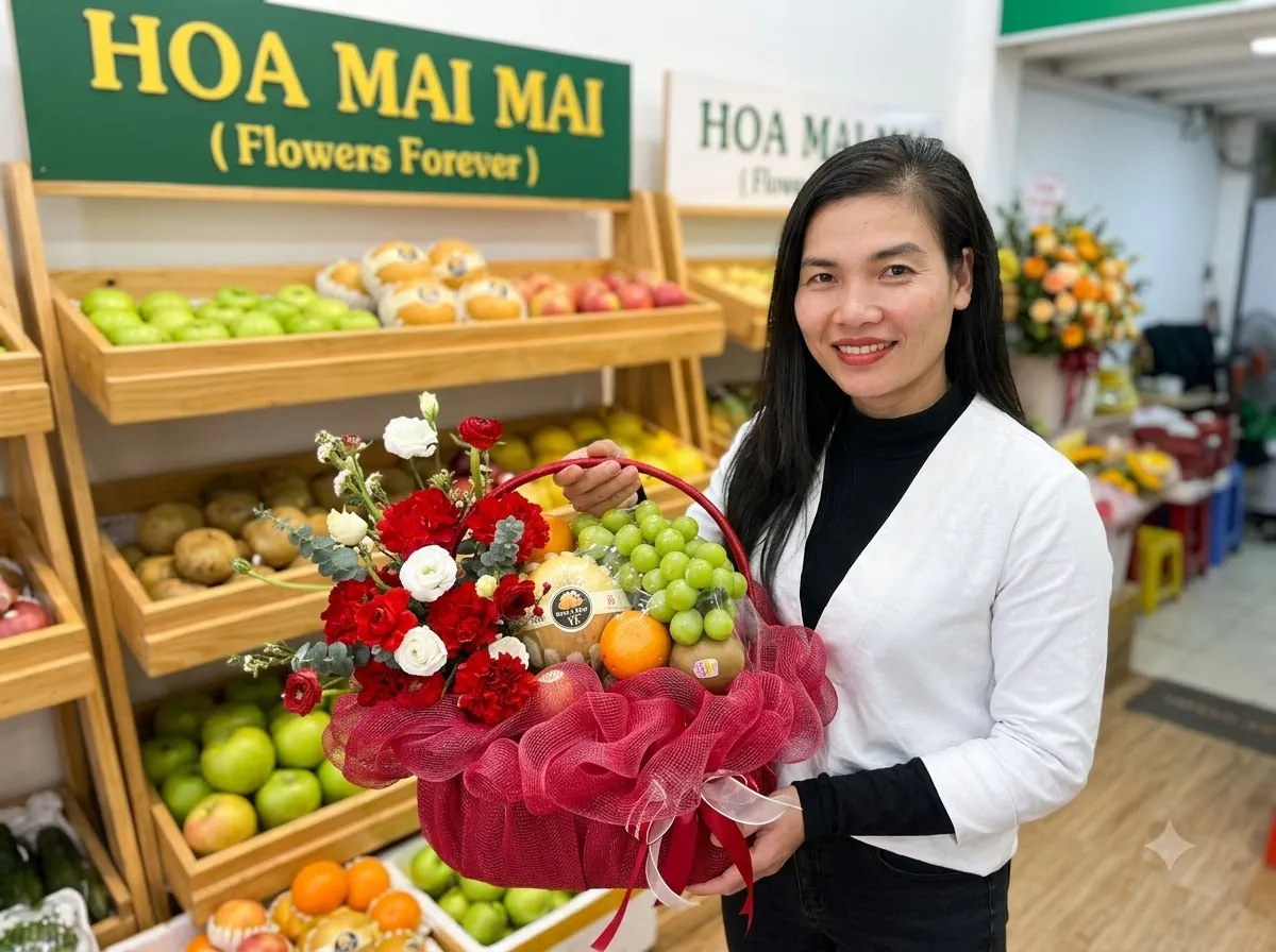 Nhân viên bê giỏ trái cây phối lưới đỏ tại Huyện Định Hóa, Thái Nguyên