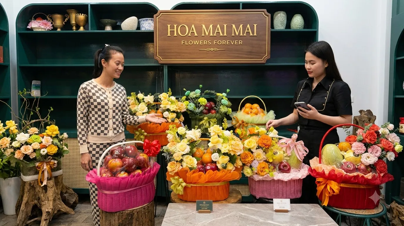 Hai nhân viên đứng cạnh dãy giỏ trái cây trên quầy tại Thành phố Sầm Sơn, Thanh Hoá