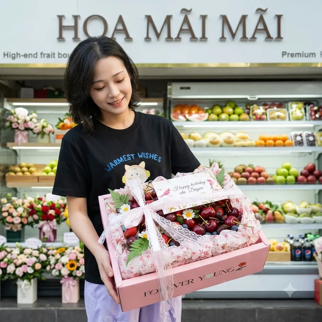 Khách nữ bê hộp quà trái cherry trang trí ren tại Trực Ninh, Nam Định