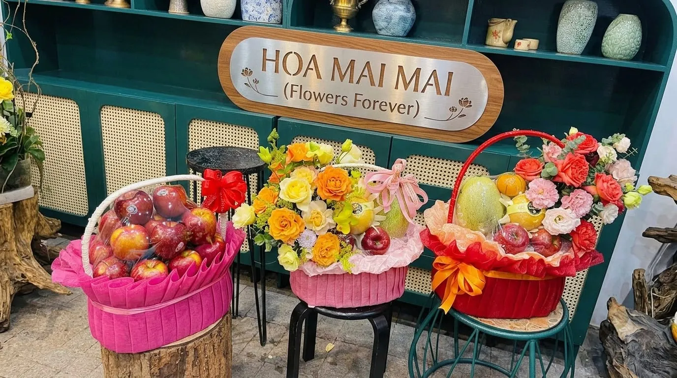 Ba giỏ trái cây trưng bày trên ghế đôn gỗ tại Trực Ninh, Nam Định