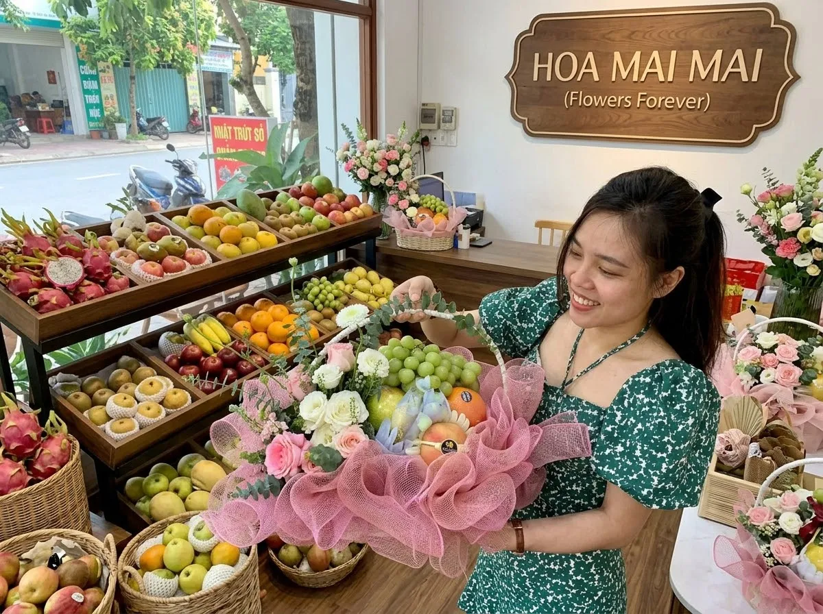 Nhân viên đang chỉnh giỏ trái cây phối lưới hồng tại Trực Ninh, Nam Định