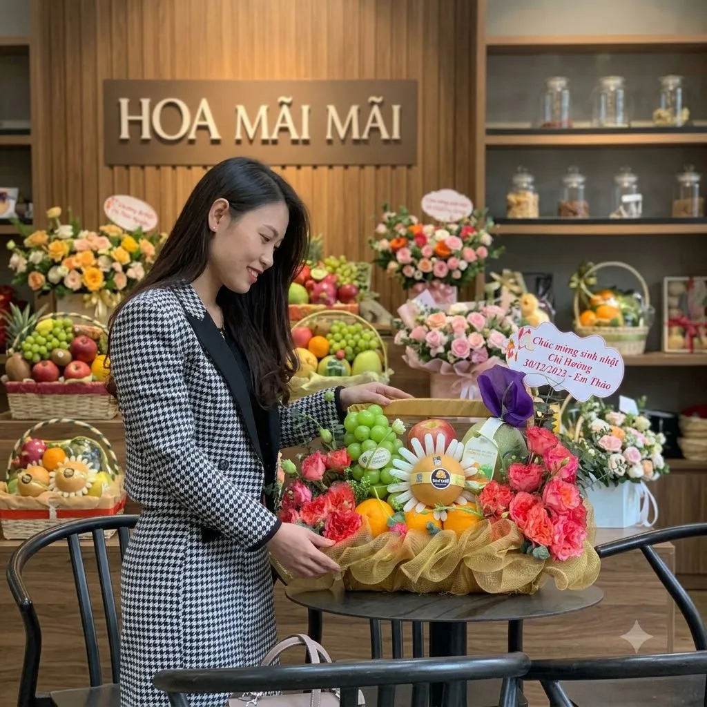Nhân viên đang chỉnh giỏ trái cây trên bàn tròn tại Thành phố Sầm Sơn, Thanh Hoá