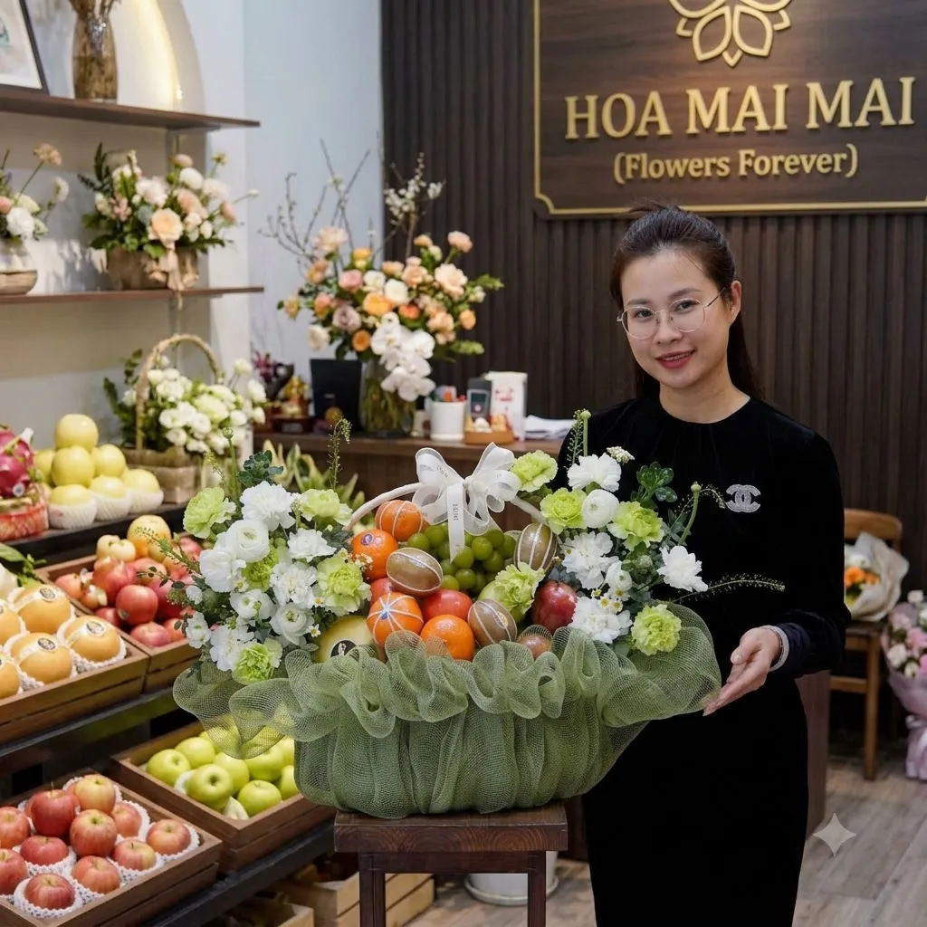 Nhân viên bê giỏ trái cây phối lưới xanh lá tại Đầm Dơi, Cà Mau