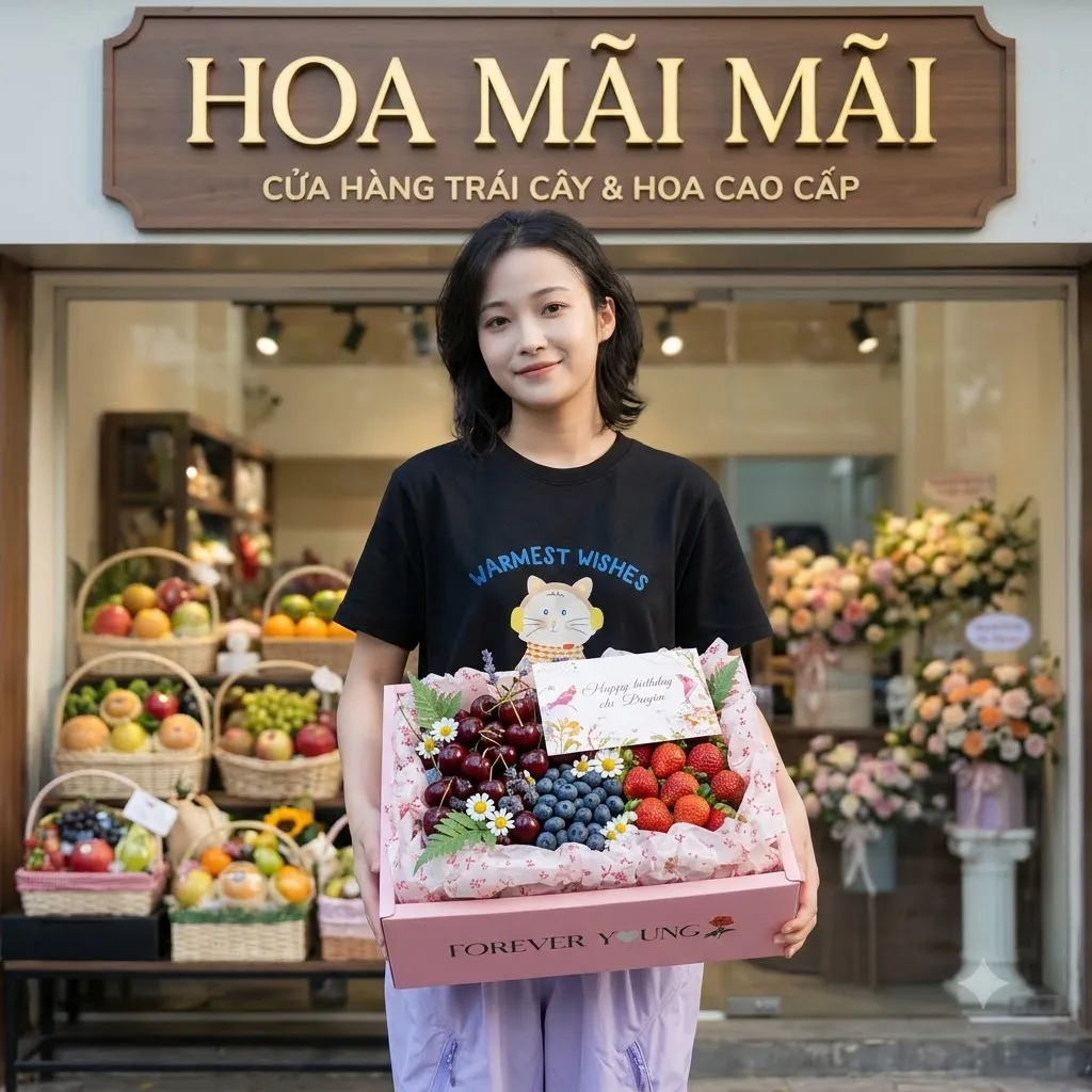 Khách nữ bê hộp quà trái cây trước cửa hàng tại Đầm Dơi, Cà Mau
