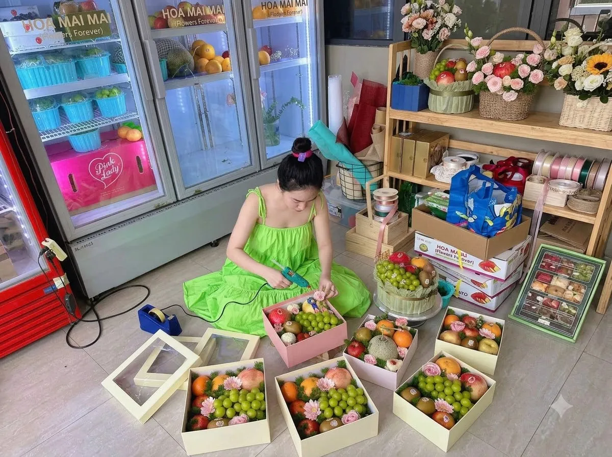 Nhân viên ngồi đất gói nhiều hộp trái cây nhỏ tại Đầm Dơi, Cà Mau