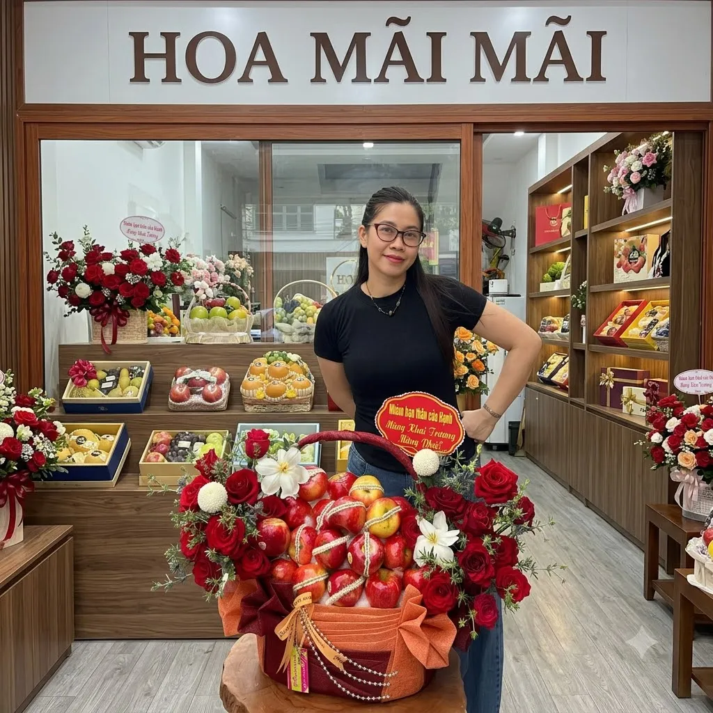 Nhân viên đứng cạnh giỏ trái cây táo đỏ tại Đầm Dơi, Cà Mau