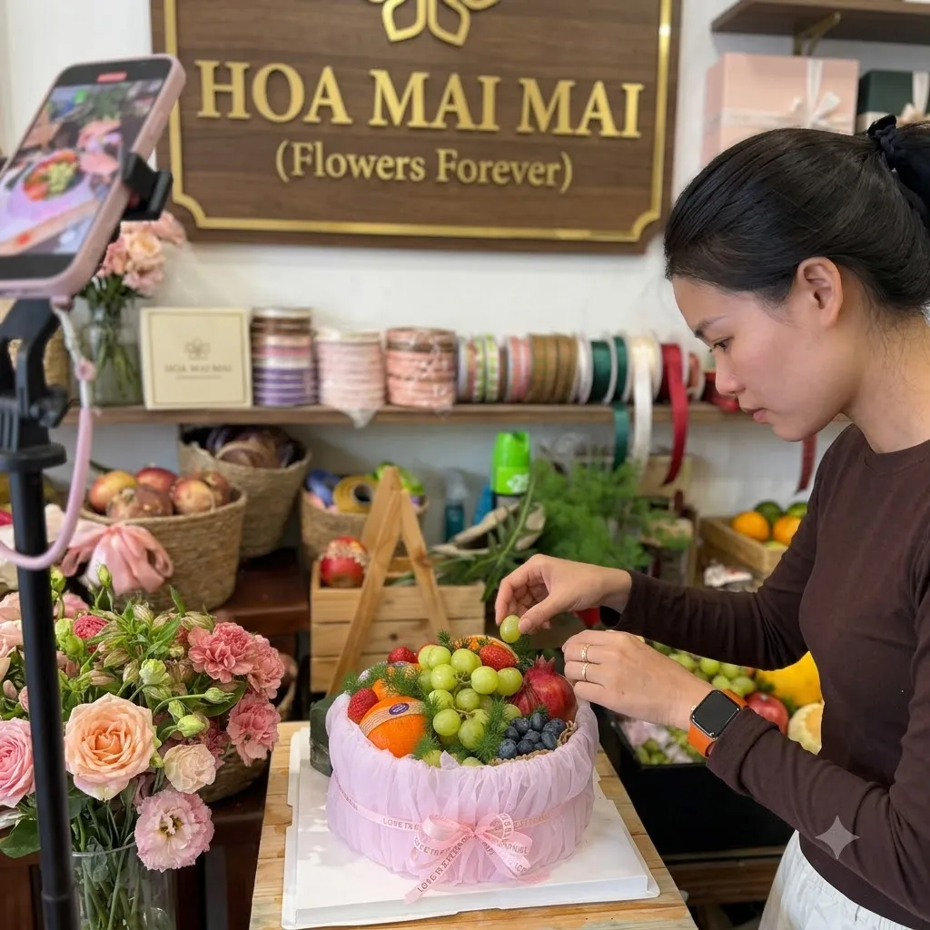 Nhân viên đang trang trí hộp trái cây hình tròn tại Đầm Dơi, Cà Mau