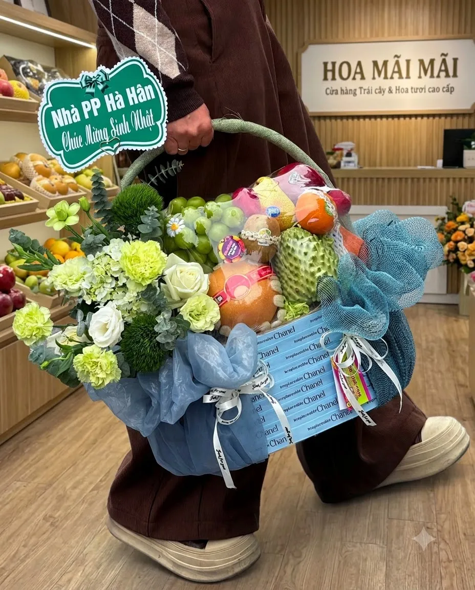 Khách nam xách giỏ trái cây phối lưới xanh dương tại Huyện Định Quán, Đồng Nai