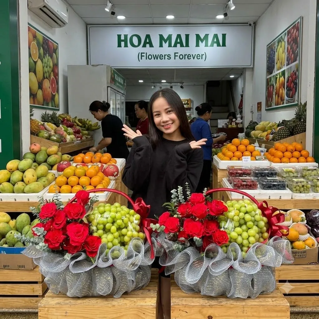 Nhân viên tạo dáng giữa hai giỏ trái cây giống nhau tại Đầm Dơi, Cà Mau
