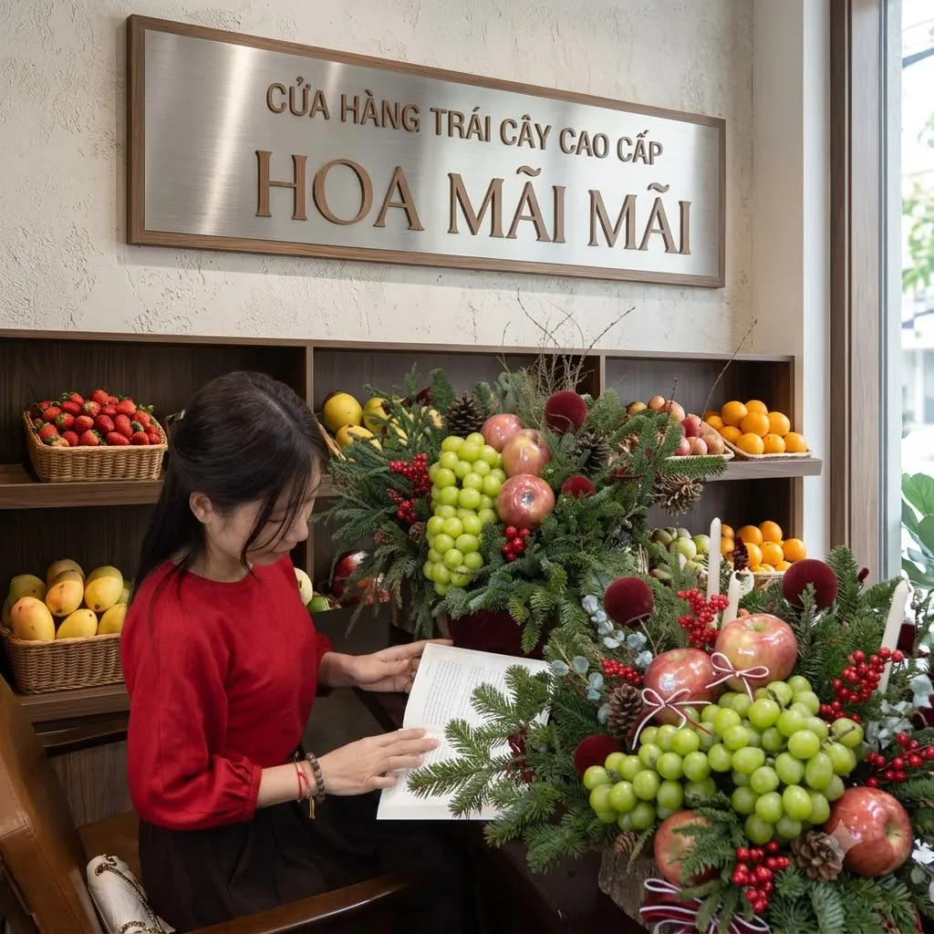 Nhân viên xem thiệp cạnh giỏ trái cây phối tùng thông tại Huyện Định Quán, Đồng Nai