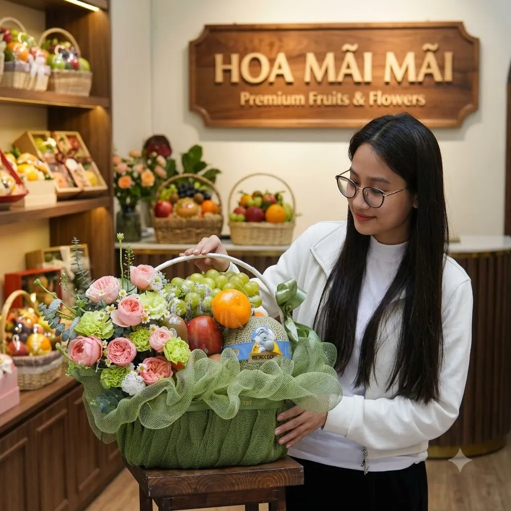 Nhân viên đeo kính bê giỏ trái cây phối lưới xanh tại Tươi Ái Nghĩa, Đại Lộc, Quảng Nam