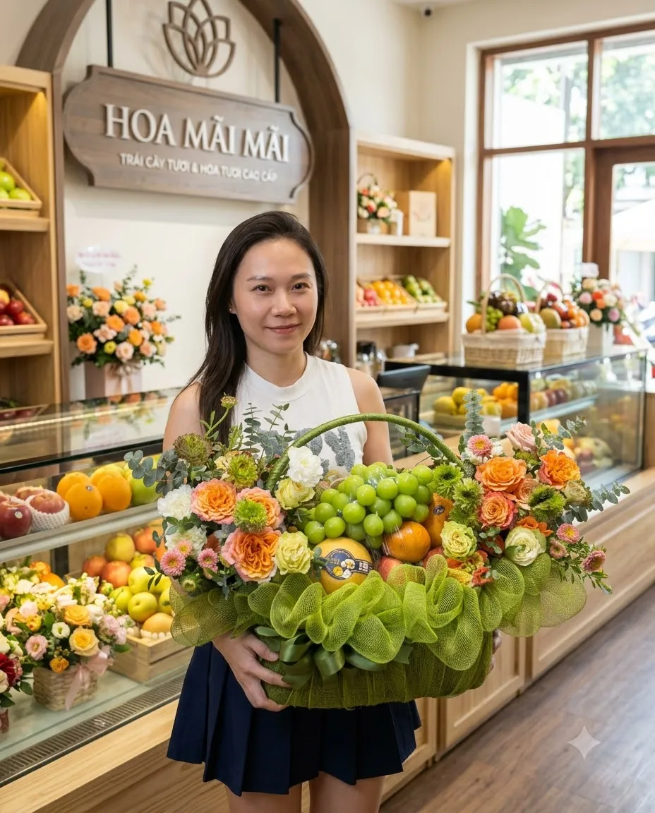 Nhân viên đứng tại quầy kính bê giỏ trái cây tại Huyện Định Quán, Đồng Nai