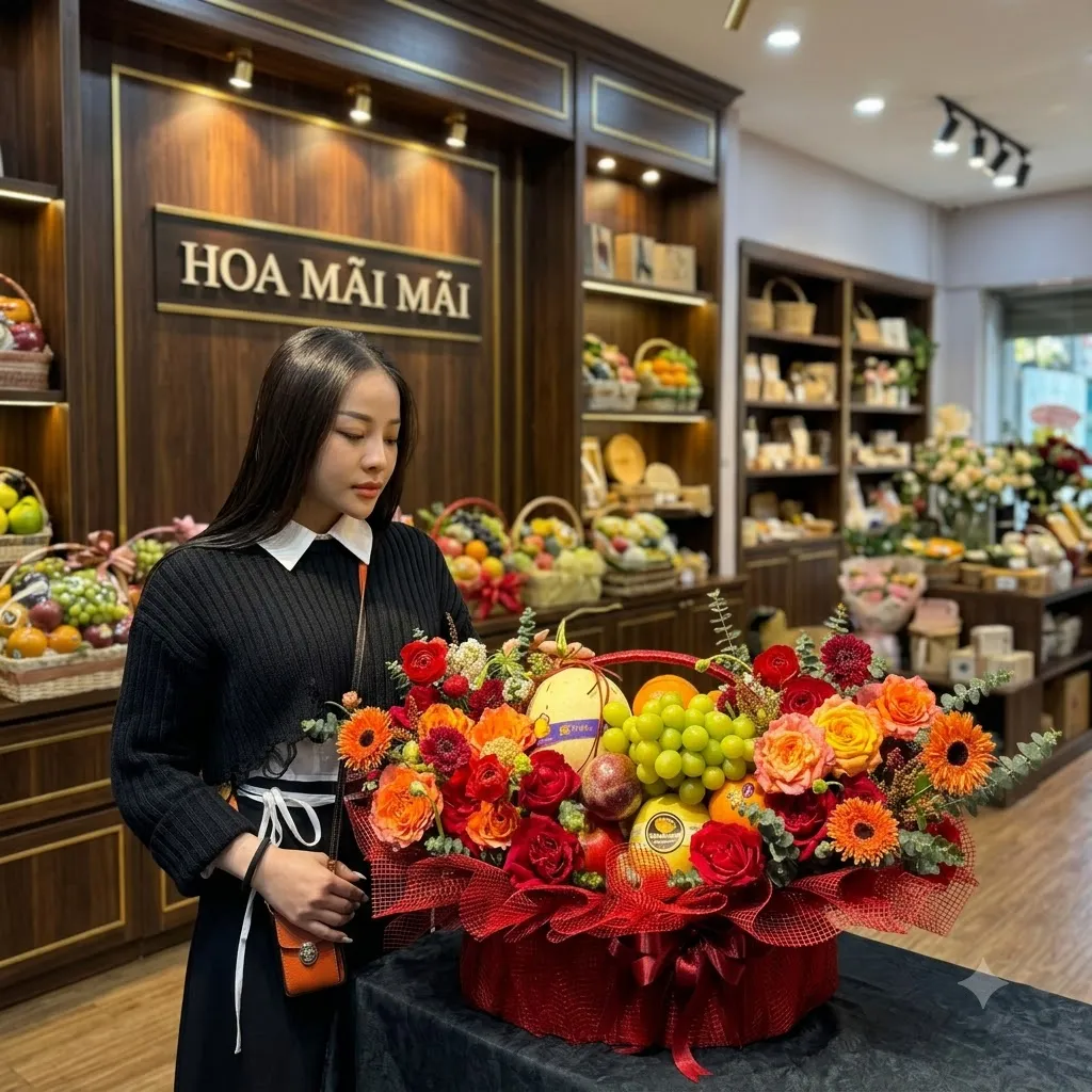 Nhân viên đứng cạnh giỏ trái cây phối lưới đỏ tại Huyện Bến Cầu, Tây Ninh