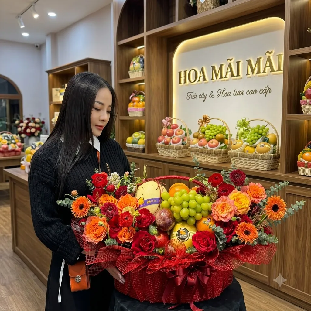 Nhân viên đứng tại quầy bê giỏ trái cây phối lưới đỏ tại Tươi Ái Nghĩa, Đại Lộc, Quảng Nam
